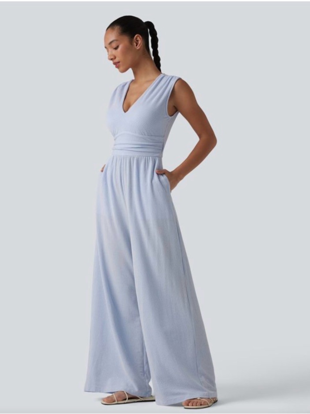 HALARA Light Blue Sleeveless V-Neck Wide-Leg Jumpsuit